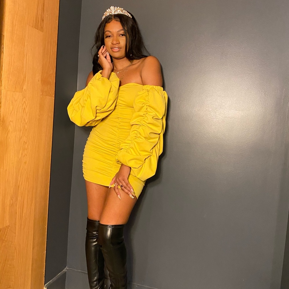 Mustard off the shoulder dress